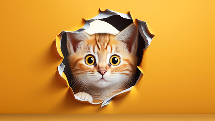 Portrait of cute cat breaking through hole in yellow paper background, panorama with free space, banner