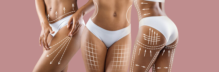 Millennial slim african american ladies in white lingerie with abstract lines on body