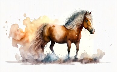 Horse watercolor illustration with smoke. Generative AI technology.