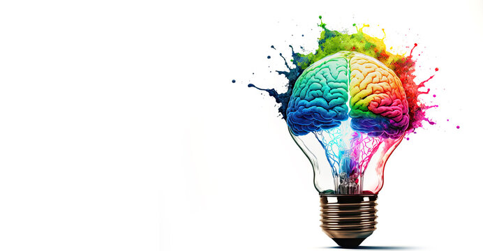 Innovation, bright idea and creative thinking web banner with explosion of a coluorful traditional electric bulb and human brain. AI generative