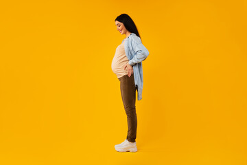 Fototapeta na wymiar Profile shot of pregnant woman posing on yellow background, looking at belly and smiling, enjoying awaiting time