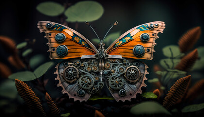 Fototapeta na wymiar Abstract mechanical metal buterfly on nature background. Generative AI