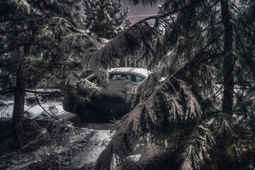 Winter. Fragment of a night lane after a snowfall.