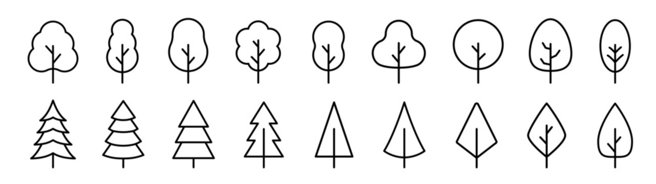 Tree icons set. Linear style. Plant line icons.