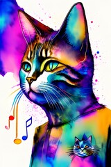 Watercolor cat listening a music illustration.T shirt graphics.Custom print design for all types of surfaces - generative ai