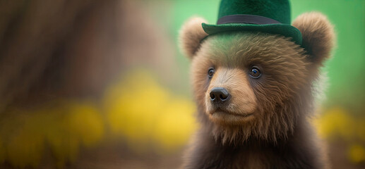 Cute bear wearing a green hat celebrating st patrick's day on a blurred background. Generative AI