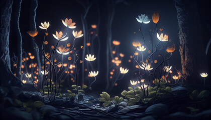 Multicolored luminous flowers in a dark forest. Generative AI