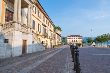 Picturesque town on lake. Historic center of Arona, lake Maggiore, Italy. Piazza del Popolo, the oldest and most characteristic part of the village of Arona