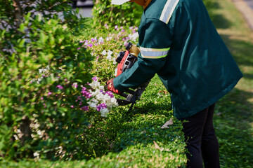 Obraz premium &nbsp;Worker in protective clothing and glove with a lawn mower in hands