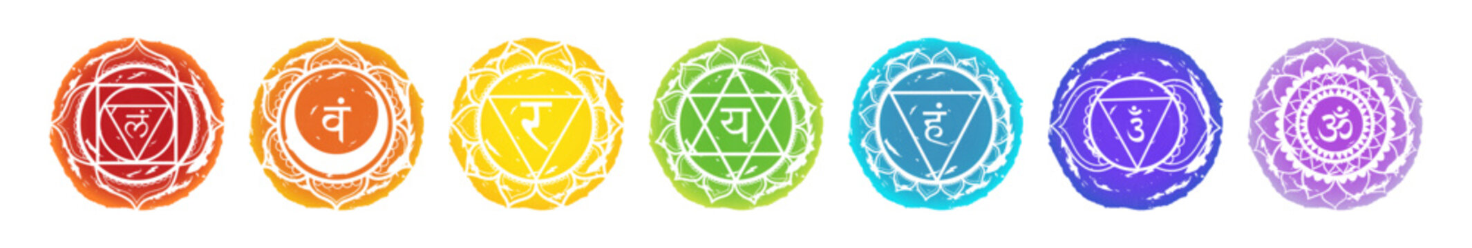 Seven chakras symbols on white background used in a variety of ancient meditation practices.