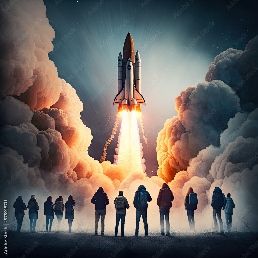 Wall mural blast off into the future with the rocket and its crew created using generative ai