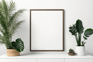 empty picture frame mockup in modern bright minimalism interior with plants on white wall background. generative AI