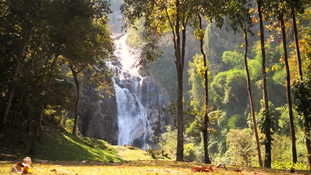 Amazing Waterfall in Tropical Rainforest Cinematic 4K Slowmotion Natural Wild Scene Footage. Thailand.