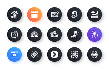 Minimal set of Full rotation, Night mattress and Lgbt flat icons for web development. Forward, Gift box, Bitcoin icons. Video content, Winner flag, Idea head web elements. Like. Vector