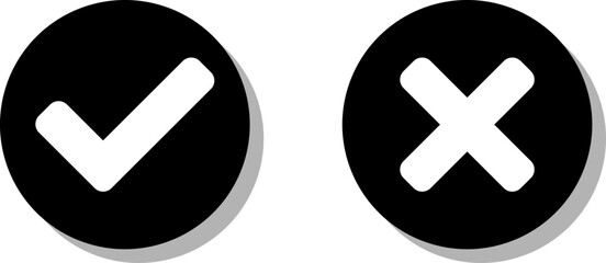 Yes and No or Right and Wrong or Approved and Declined Black and White Icons with Check Mark and X Signs in Circles with 3D Shadow Effect. Vector Image.