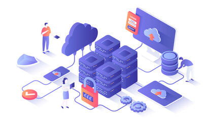 Data Center Cloud Services Information processing, hosting, provider, storage, networking, management and distribution of data. Isometry illustration with people scene for web graphic.