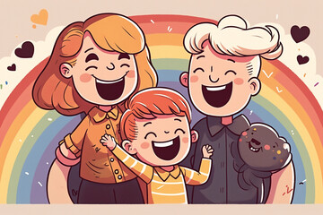 Cartoon style illustration of a smiling kid happy with LGBTQ family - AI generative
