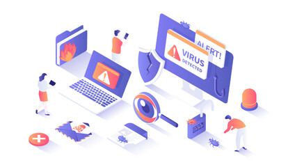 Computer Viruses. Errors detected, alert messages, bugs, open lock, infected files, broken shield. Monitor and laptop with alert messages. Isometry illustration with people scene for web graphic.
