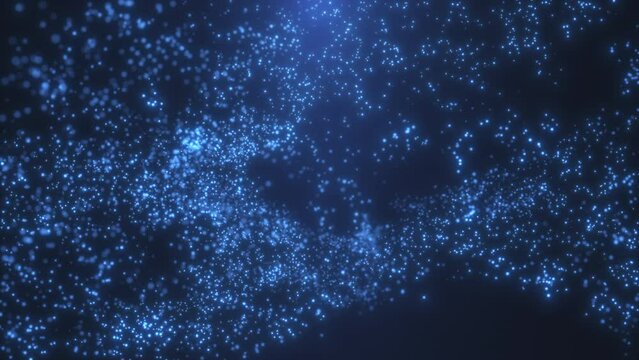 Abstract animation of a liquid with blue particles on a blue background. Drop a drop into the liquid. 3D render. 4K.