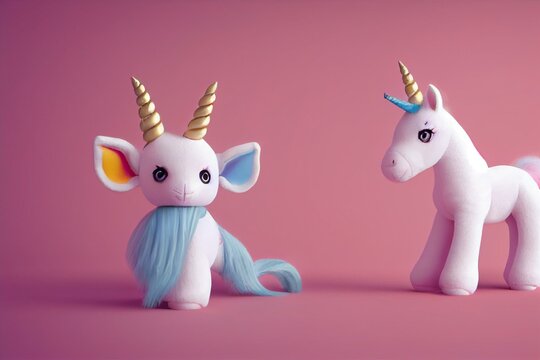 Cute Unicorn Isolated On White Background , Plush Toys For Kids , Pink Colors. Generative AI