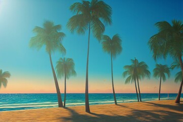 Obraz na płótnie Canvas Tropical paradise beach, beautiful magical palm trees hanging on the seashore. Blue sky and azure sea water. Sun illuminates the coast beach and the ocean. 3d illustration. Generative AI