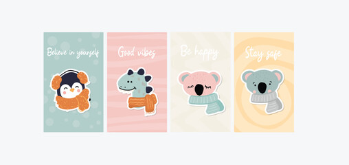 A set of cards for children with animals in the Scandinavian style with motivational phrases. Funny cartoon animals with scarfs in simply trendy style.