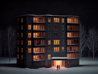 Miniature a soviet residential building, brutalism architecture, dark night, cozy and peaceful atmosphere, fog, cold winter, snowing. Generative AI.