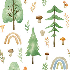 Watercolor forest seamless pattern with trees, leaves and mushrooms. Hand drawn illustration for fabric, wrapping paper, etc.