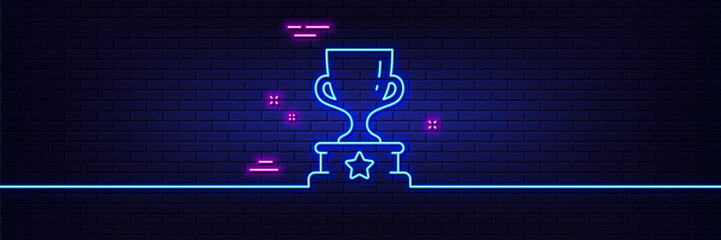 Neon light glow effect. Winner cup line icon. Award trophy sign. Best achievement symbol. 3d line neon glow icon. Brick wall banner. Winner cup outline. Vector