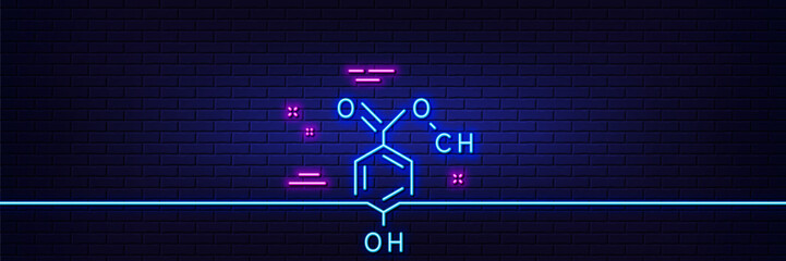 Neon light glow effect. Chemical formula line icon. Chemistry lab sign. Analysis symbol. 3d line neon glow icon. Brick wall banner. Chemical formula outline. Vector