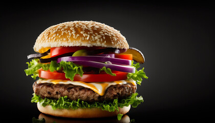 Large cheeseburger in a crispy bun with sesame. Unhealthy food in a composition on a dark background. Advertising banner illustration for a restaurant, bar. Close-up of a hearty lunch. Generative AI.