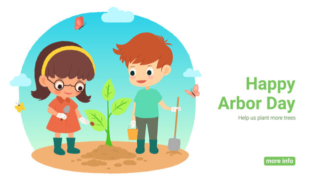 Background for Arbor Day decoration. Vector cute illustration with two kids planting seedling in ground with flying butterflies and ladybug on leaf of seedling. Earth Day or Arbor Day concept.