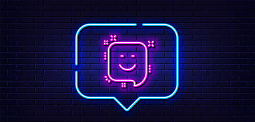 Neon light speech bubble. Smile line icon. Positive feedback rating sign. Customer satisfaction symbol. Neon light background. Smile glow line. Brick wall banner. Vector