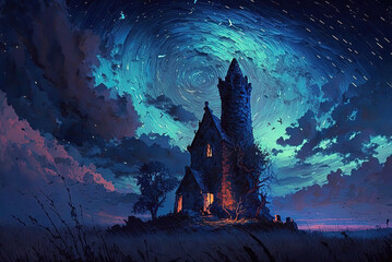 Fototapeta na wymiar A crumbling wizard's tower in a grassy field under the night sky. Generative AI.