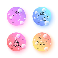 Tomato, Apple and Christmas tree minimal line icons. 3d spheres or balls buttons. Sea mountains icons. For web, application, printing. Fresh vegetable, Fresh fruit, Spruce. Summer travel. Vector