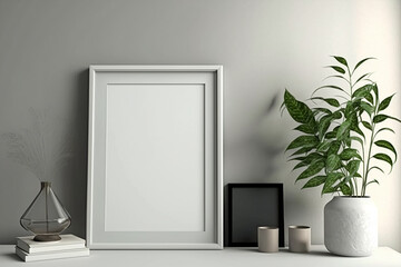 Blank picture frame mockup on gray wall. White living room design.  Generative AI