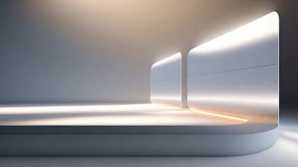 Beautiful futuristic technological light silver podium with light neon panels for product presentation. AI generated. - obrazy, fototapety, plakaty