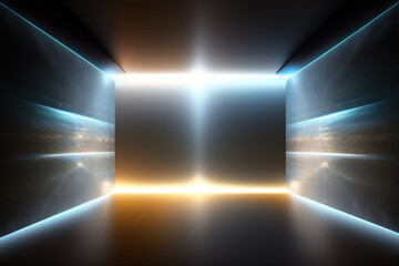 Metal glowing tunnel with neon light and perspective, abstract tech futuristic background. AI generated.