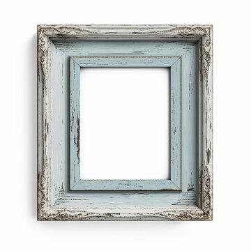 Wooden vintage frame for photos, pictures. Scratched white paint mockup. Top view. Flatlay. Isolated card design element, scrapbooking. AI generated. Transparent background, PNG.