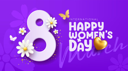 8 march happy women's day with white flowers and butterfly, gold heart, banner concept design on purple background, EPS10 Vector illustration.

