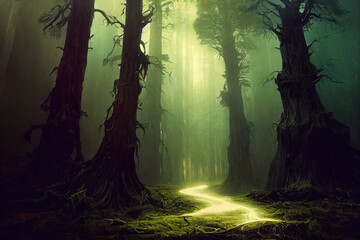 dark fantasy forest oil painting