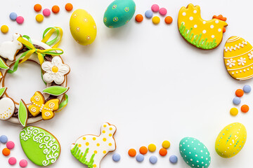 Easter Bunny cookies with eggs top view. Happy Easter background