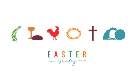 Easter Sunday greeting card with Good Friday symbols. Celebrate resurrection, concept for church web banner or holiday flyer. Vector illustration