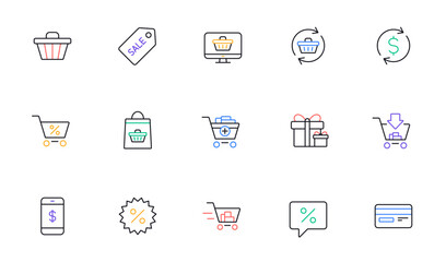 Shopping bag line icons. Gift, Present and Sale discount. Delivery linear icon set. Bicolor outline web elements. Vector