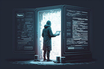 Illustration of a person typing in a password or code to unlock a secure digital device with a lock on the screen. Generative AI