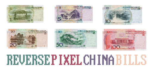 Vector set of China pixel mosaic fiat money. Reverse side banknotes in denominations from 1 to 100 yuan. - obrazy, fototapety, plakaty