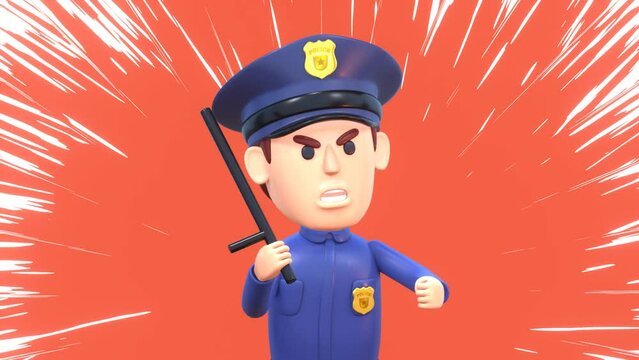 3d animation of cartoon policeman running with a baton in hand. Police officer chasing a criminal, police chase concept