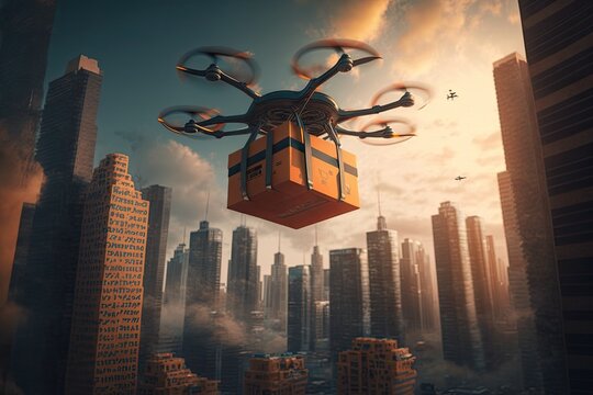 Cargo Delivery Drone Flies Over A Large Futuristic City. Generative AI