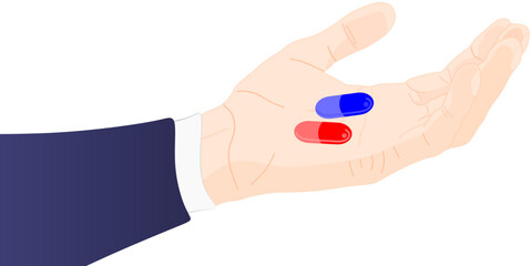 Mano de hombre cauc&aacute;sico sosteniendo dos p&iacute;ldoras de distinto color en concepto de elecci&oacute;n y opci&oacute;n con fondo transparente