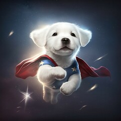 golden retriever puppy, white dog, dog with cape, ai generated.